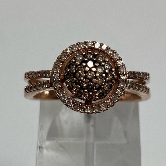 10K Rose Gold Champagne and White Diamond Cluster Pave Halo Ring 0.50ct Size 7 - Picture 1 of 14